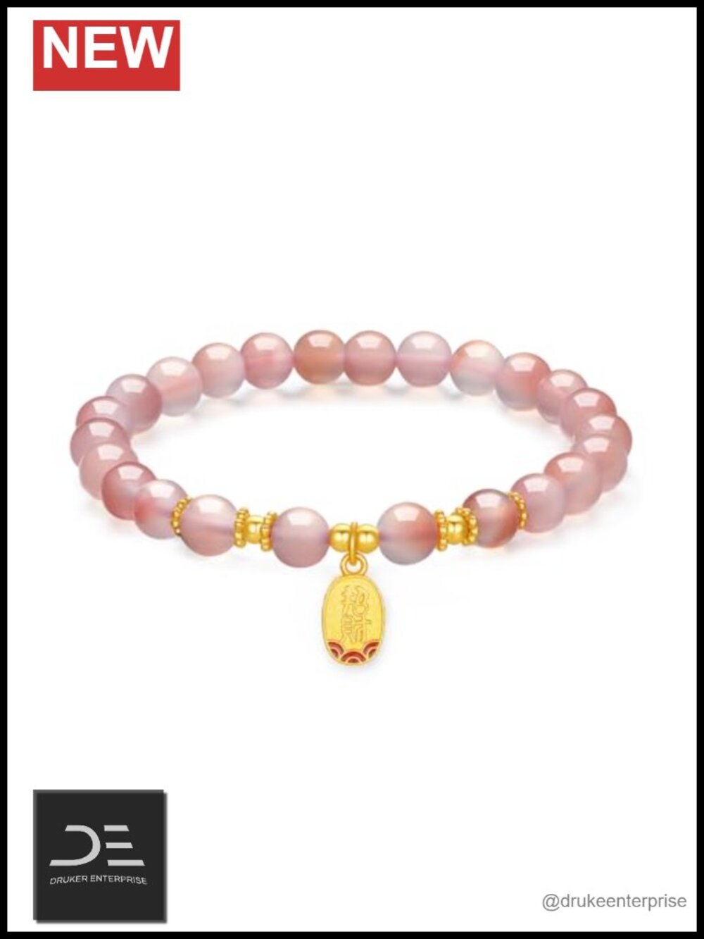 Sterling Silver Pink Agate Beaded Stretch Bracelet Fortune Pendant for Women